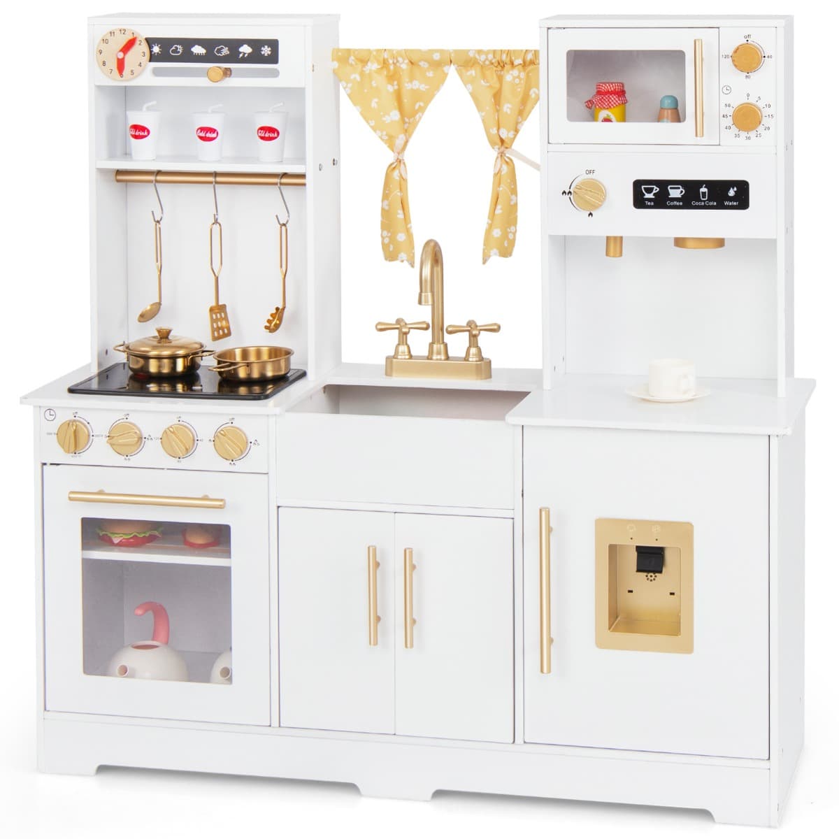 CostwayCuisine de Jeu en Bois pour Enfants de 3 Ans et Plus avec Cafetière Evier Robinet Cuisinière Distributeur d'Eau Micro-ondes Four Blanc