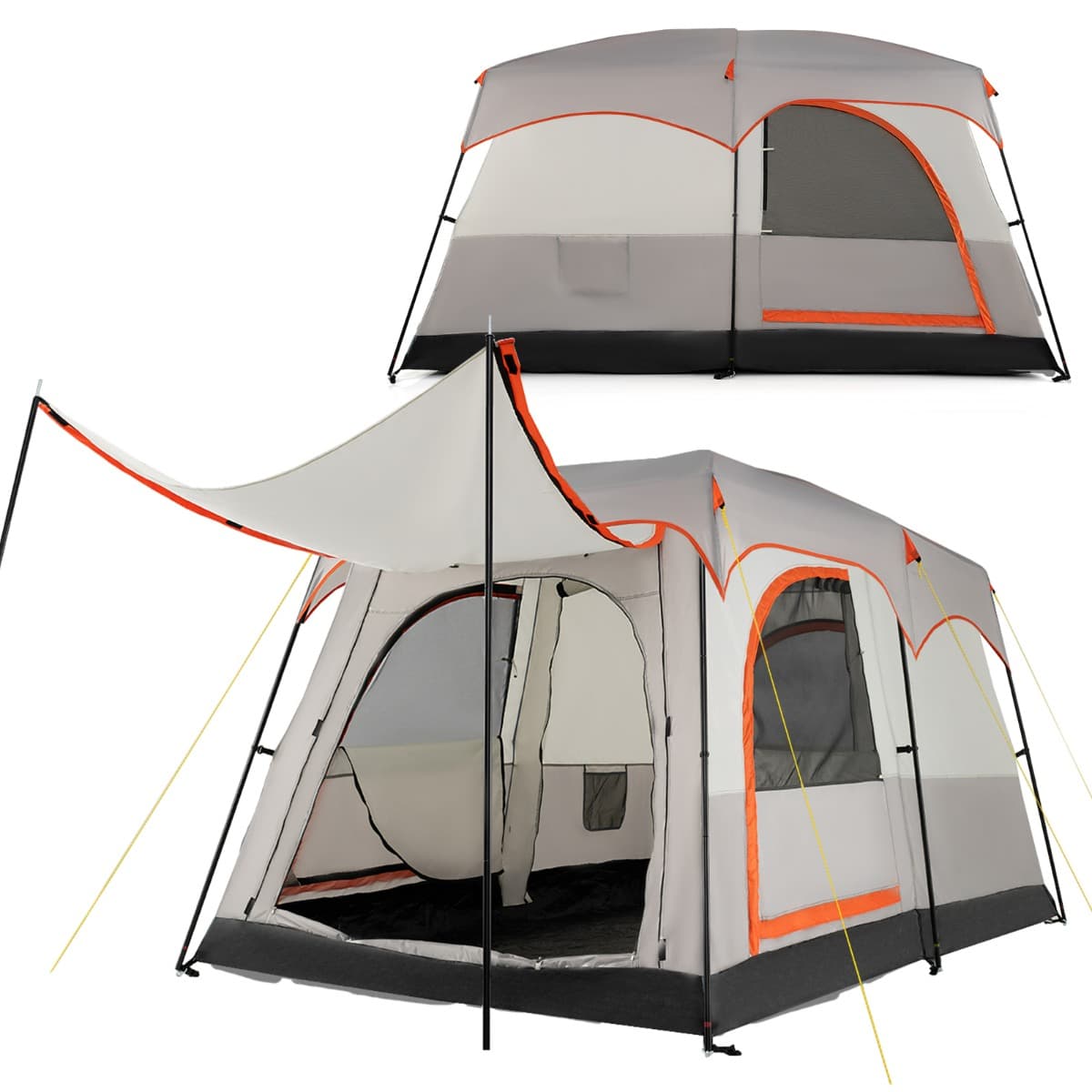CostwayTente de Camping pour 6 Personnes avec 2 Pièces Tente Double Couchage Double Toit Bâche en Pe Fenêtres en Maille Imperméable Coupe-vent Gris