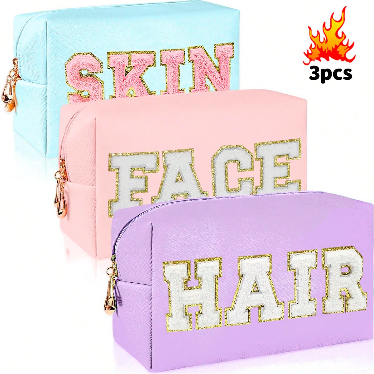 Trousse de maquillage preppy pour femmes, trousse de toilette de voyage, trousse de cosmétiques en lettre de chenille, pochette imperméable en PU,