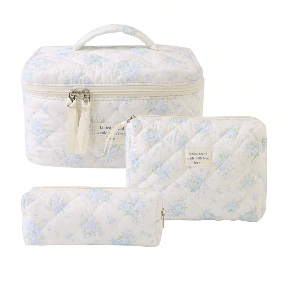 Ensemble de 3 trousses de maquillage matelassées en coton avec motif floral pour femme, organisateur de voyage esthétique pour produits de beauté