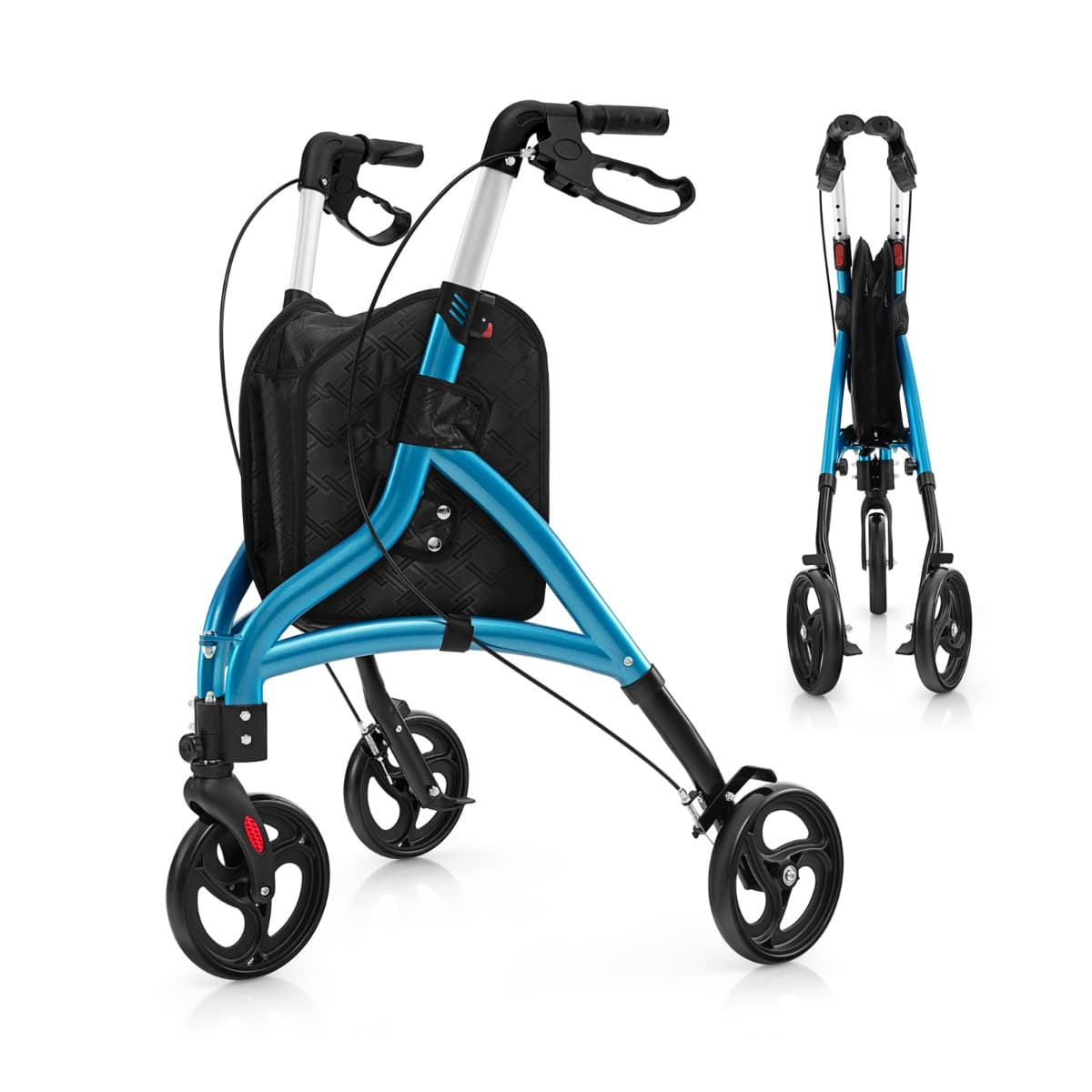 CostwayDéambulateur à 3 Roues de 20CM pour Seniors avec Cadre en Aluminium Léger Hauteur Réglable et Panier de Rangement Déambulateur Pliable Bleu