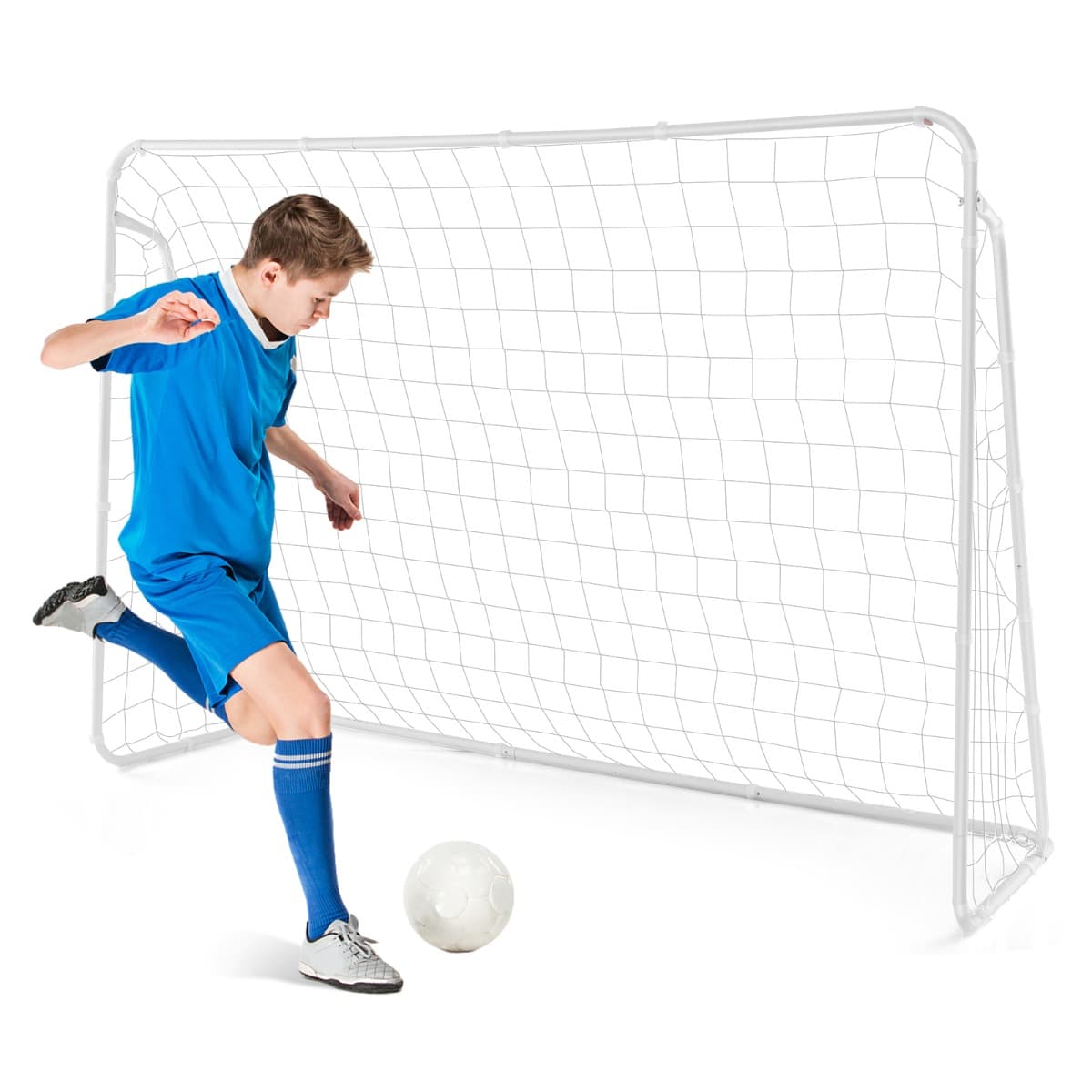 CostwayBut de Football Enfant Exterieur 215 x 152 cm Cage de Foot avec Filet Résistant aux Intempéries et cadre en Métal Piquets de Sol